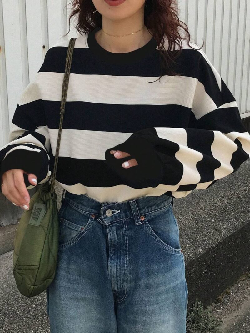 Casual Loose Drop Shoulder Long Sleeve Striped T Shirt
