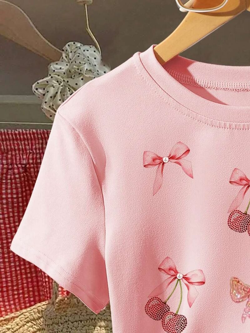 Fruit  Cherry  Bow  Pearl Graphic Print Fitted Tee