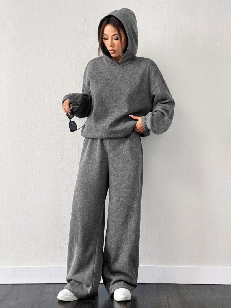 Thermal Lined Hoodie And Wide Leg Sweatpants In Gray