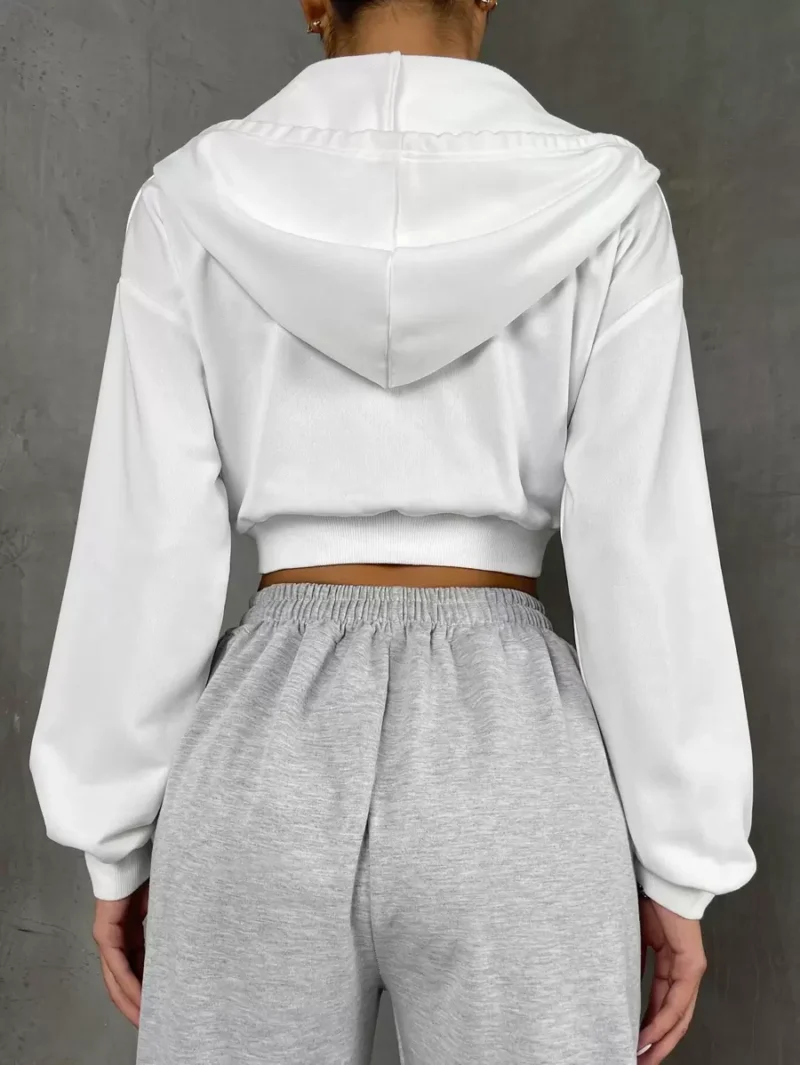 Half O Ring Zipper Drop Shoulder Drawstring Crop Hoodie