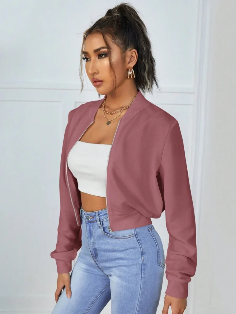 Solid Color Baseball Collar Long Sleeve Zipper Jacket