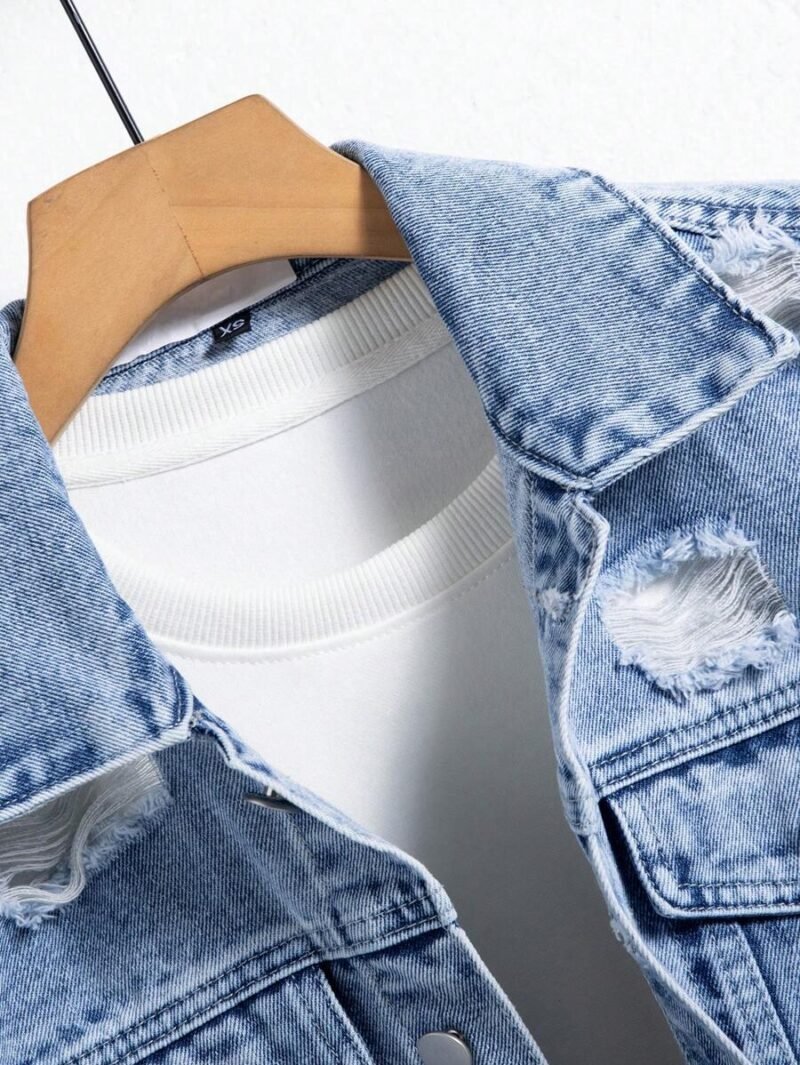 Distressed Pocket Front Button Casual Long Sleeve