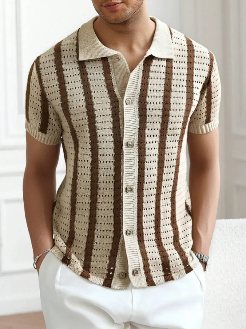 Striped Short Sleeve Casual Hollow Out Collar Knitted Polo Shirt