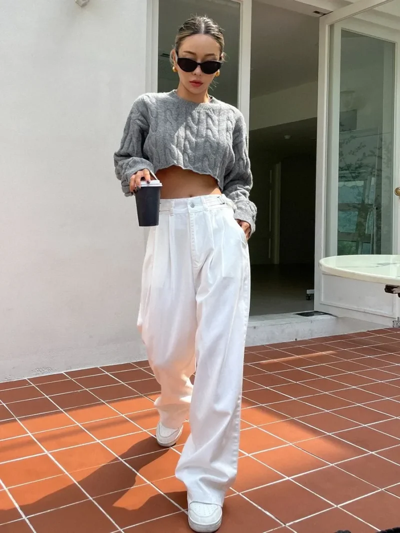 Cable Knit Drop Shoulder Crop Sweater