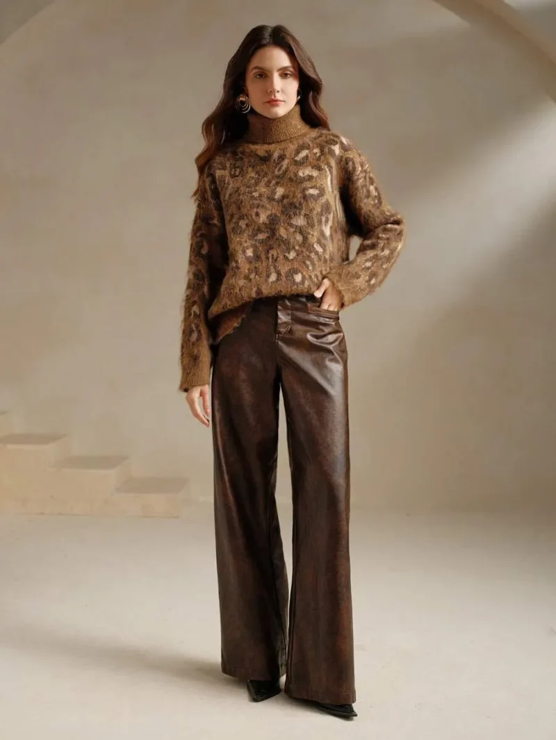 Dropped Shoulder Long Sleeve Leopard Print