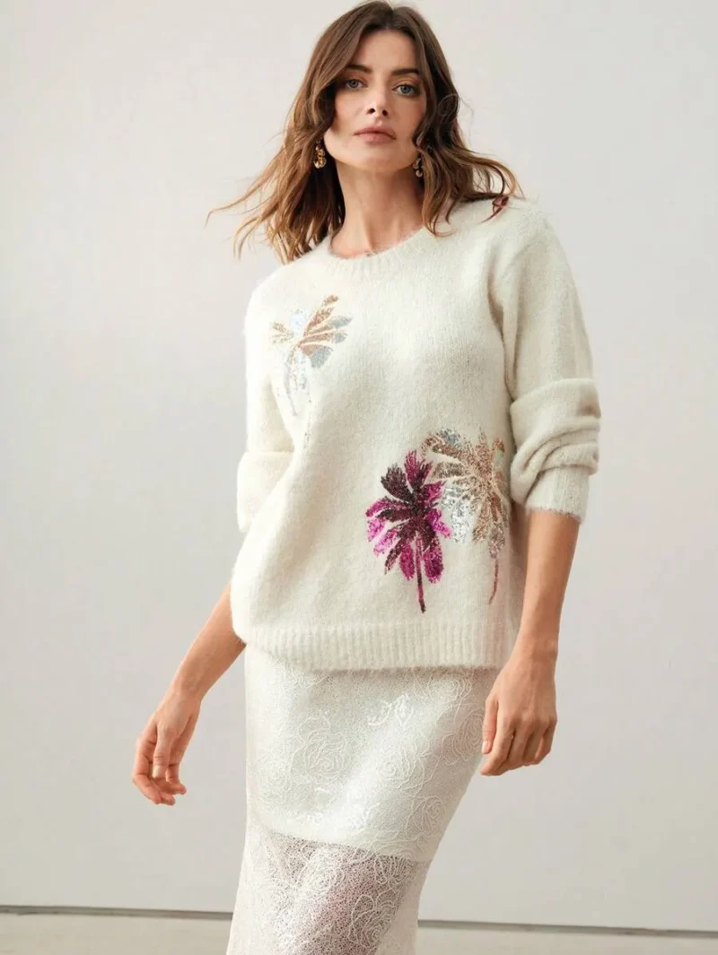 Fall Sequin Embroidered Coconut Tree Crew Neck Sweater