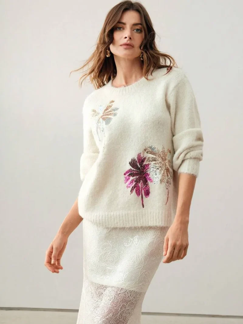 Fall Sequin Embroidered Coconut Tree Crew Neck Sweater