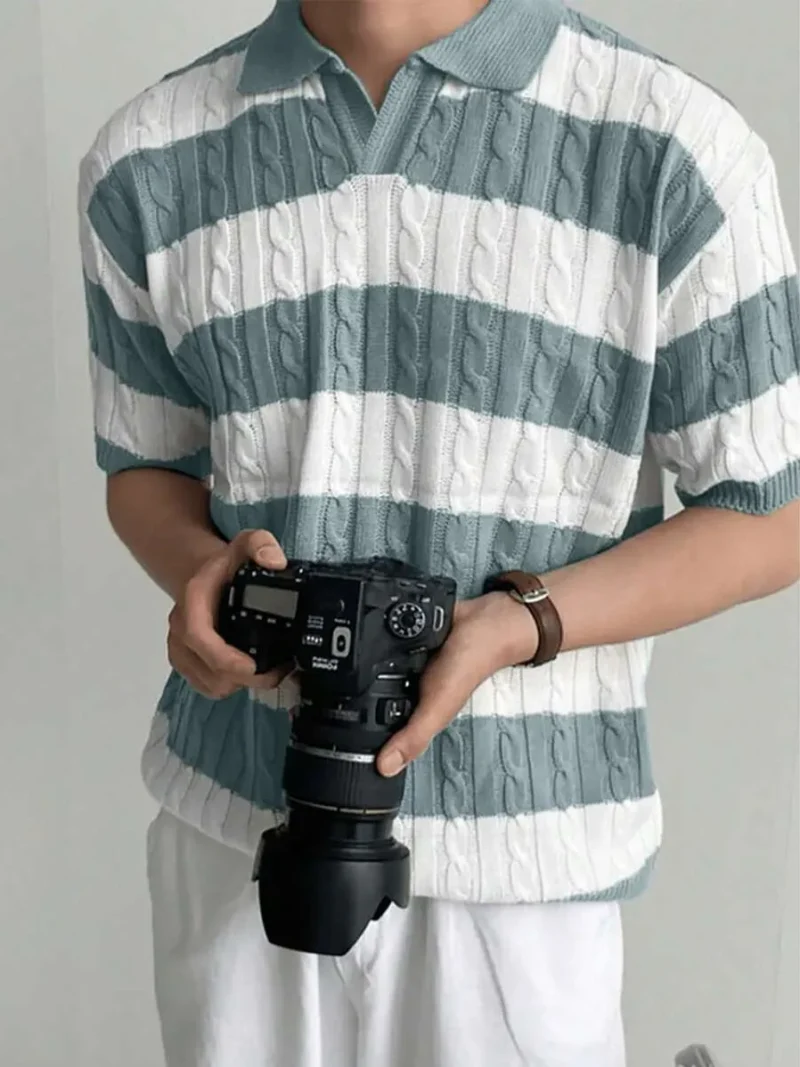 Striped Short Sleeve Knitted Polo Shirt