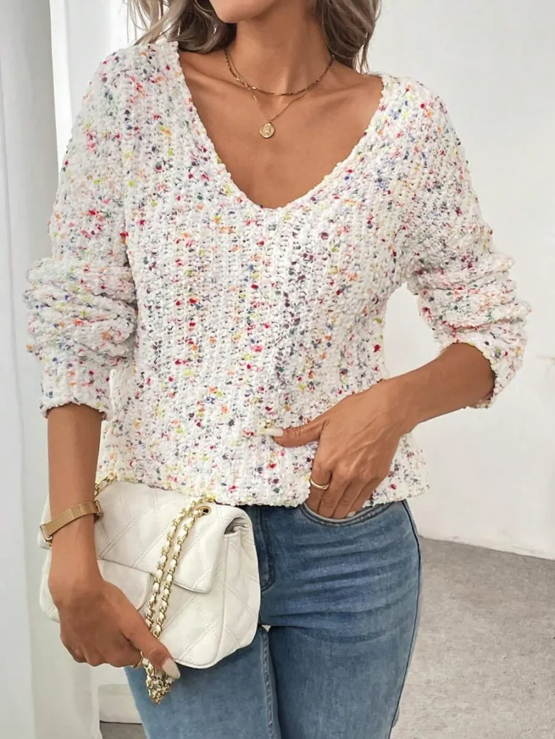 V Neck Colorful Pom Pom Textured Knit