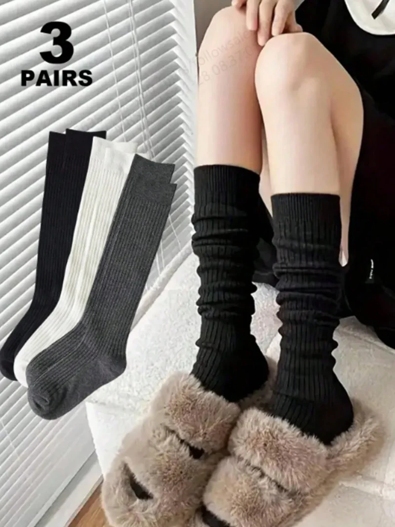 Knitted Socks Solid Color Vertical Bar Warm Knee