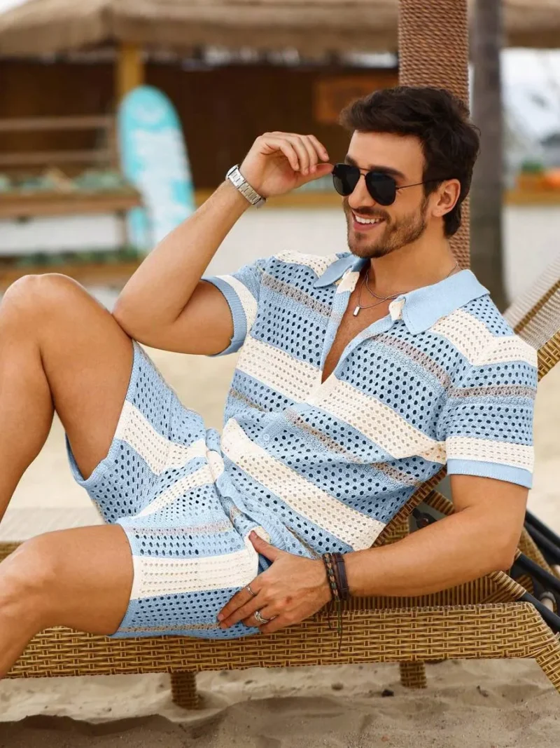 Front Button Closure Short Sleeve Crochet Top And Knitted Shorts