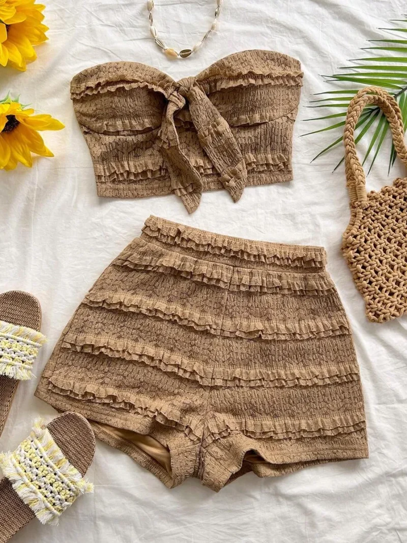 Ruffled Texture Bandeau Crop Top With Bowknot And Elastic Waist Shorts
