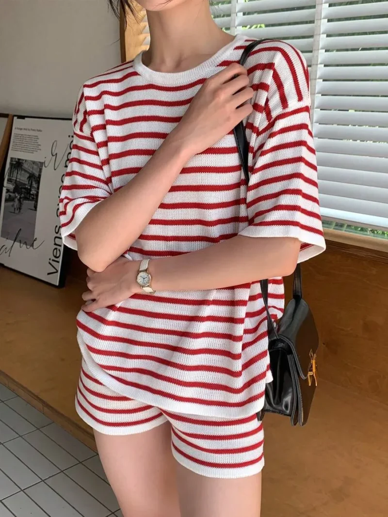 Striped Crew Neck Short Sleeve Knit Top And Knitted Shorts