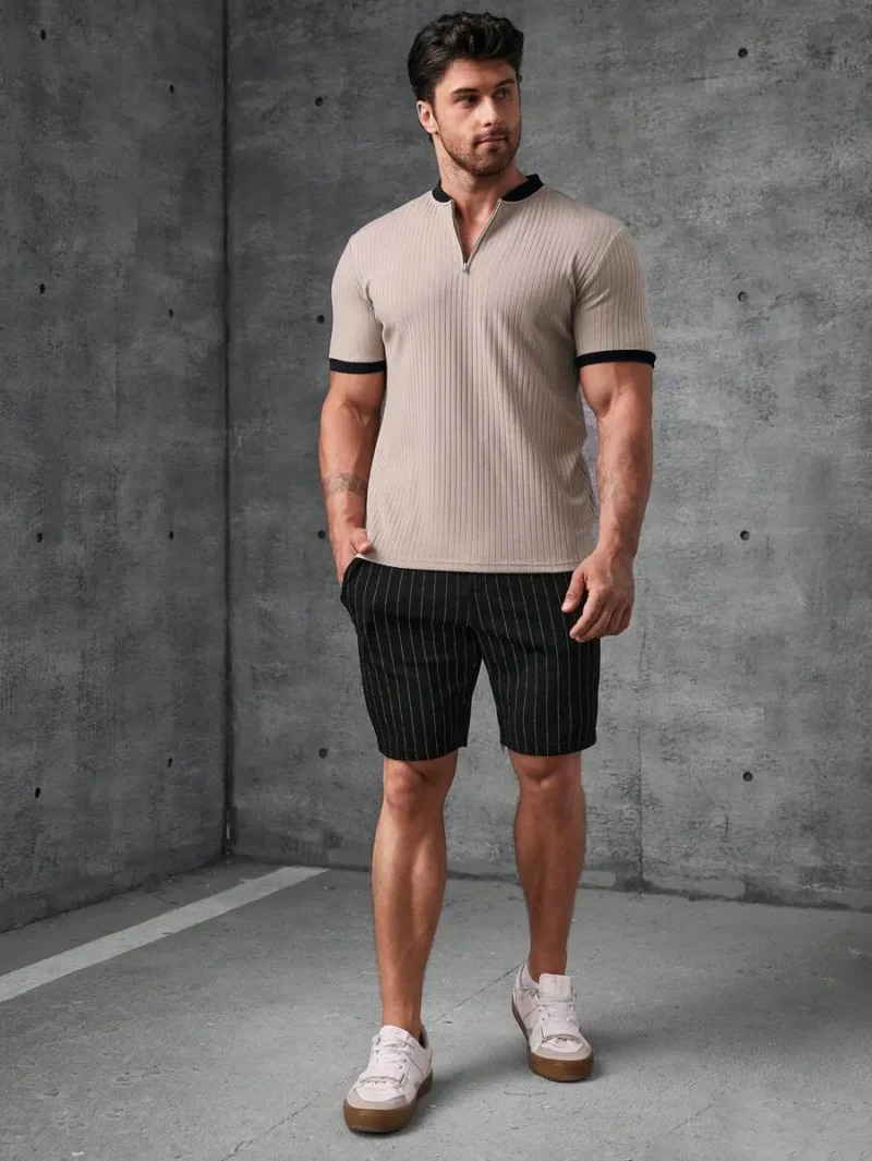 Striped Knitted Shorts Sweat Plain Black Urban Casual