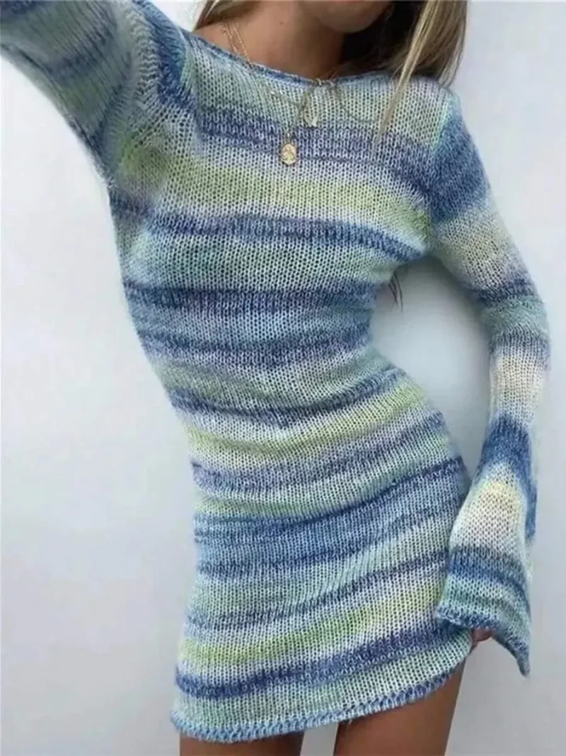 Backless Long Sleeve Knitted Sweater Dress