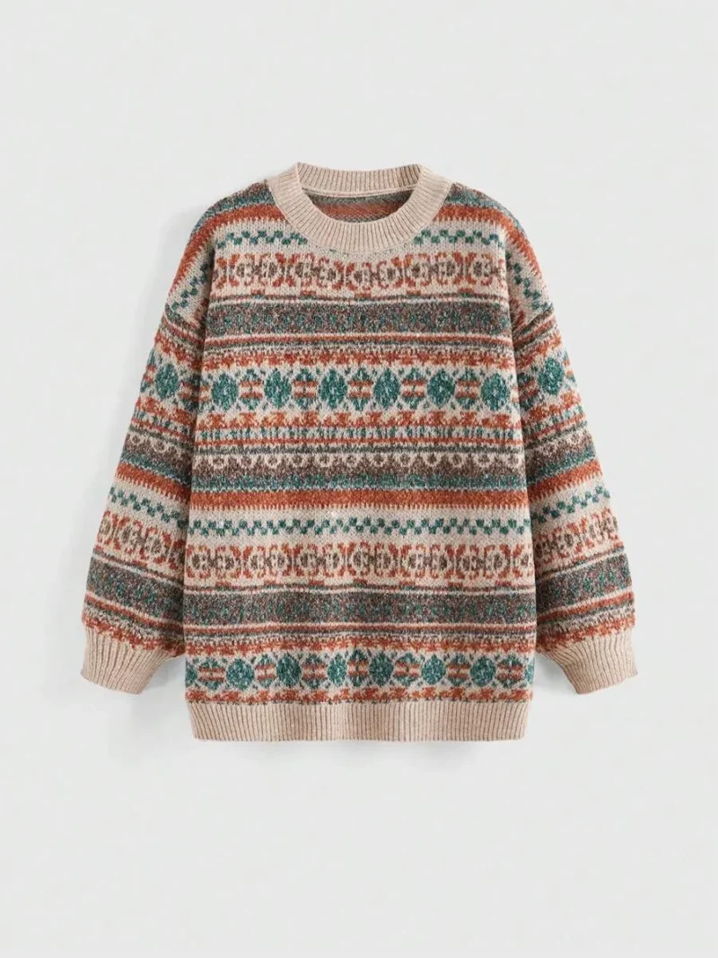 Fair Isle Relaxed Round Neck Loose Knit Sweater