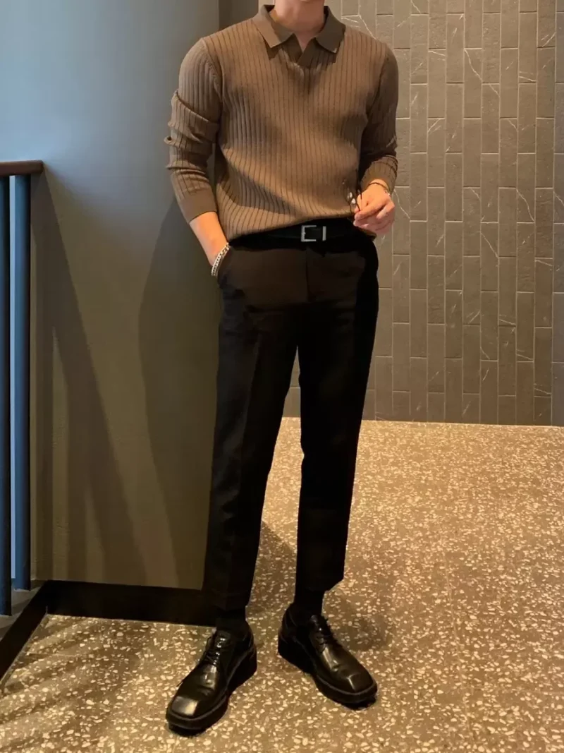 Polo Neck Ribbed Knit Fall Sweater