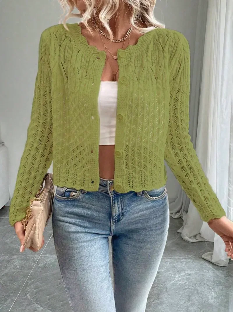 Round Neck Hollow Front Button Cardigan Knit Sweater