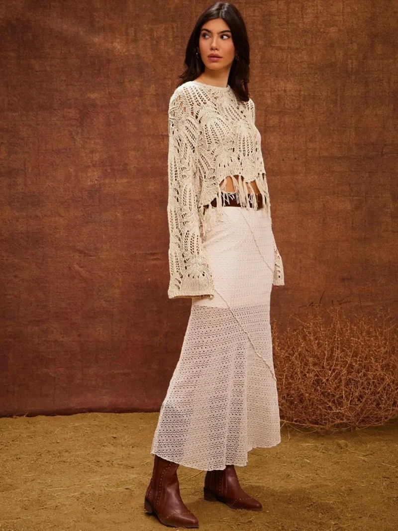 Round Neck Open Knit Tassel Fringe Hem Long Sleeve Western Sweater