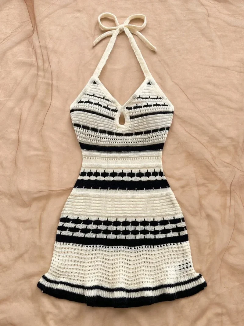 V Neck Hollow Out Halter Tied Colorblock Striped Knitted