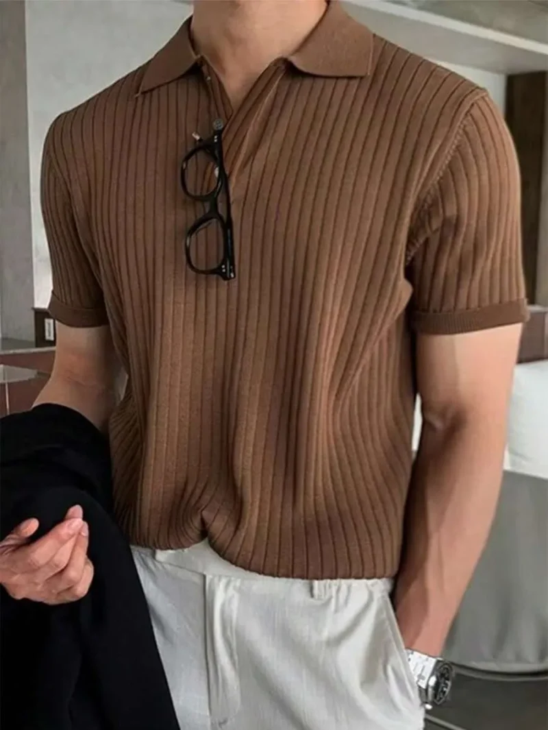 Short Sleeve Ribbed Knit Polo Shirt