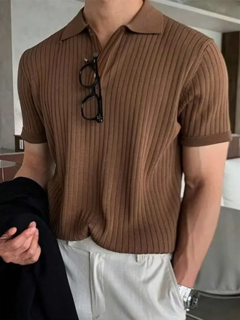 Short Sleeve Ribbed Knit Polo Shirt