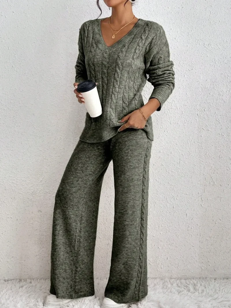 Casual Daily V Neck Cable Knit Sweater & Trousers