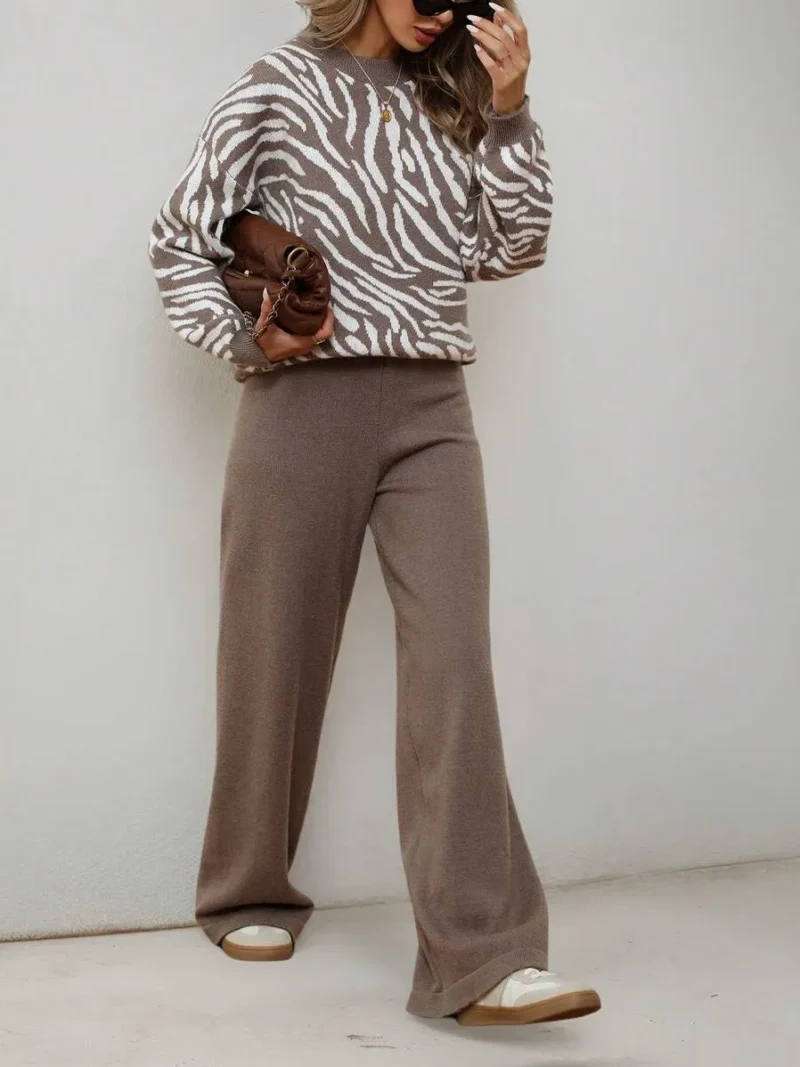 Casual Loose Random Zebra Print Knitted Sweater And Pants