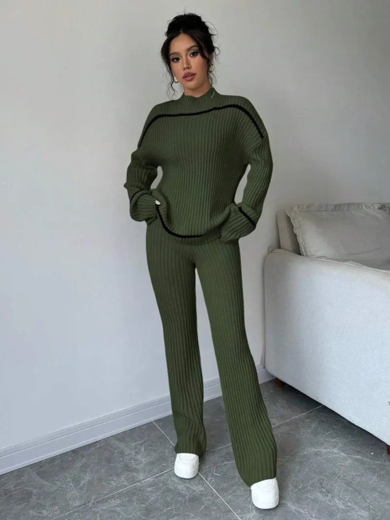 Contrast Trim Stand Collar Long Sleeve Top And Pants