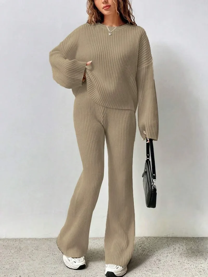 Crew Neck Drop Shoulder Sweater And Flared Knit Pants