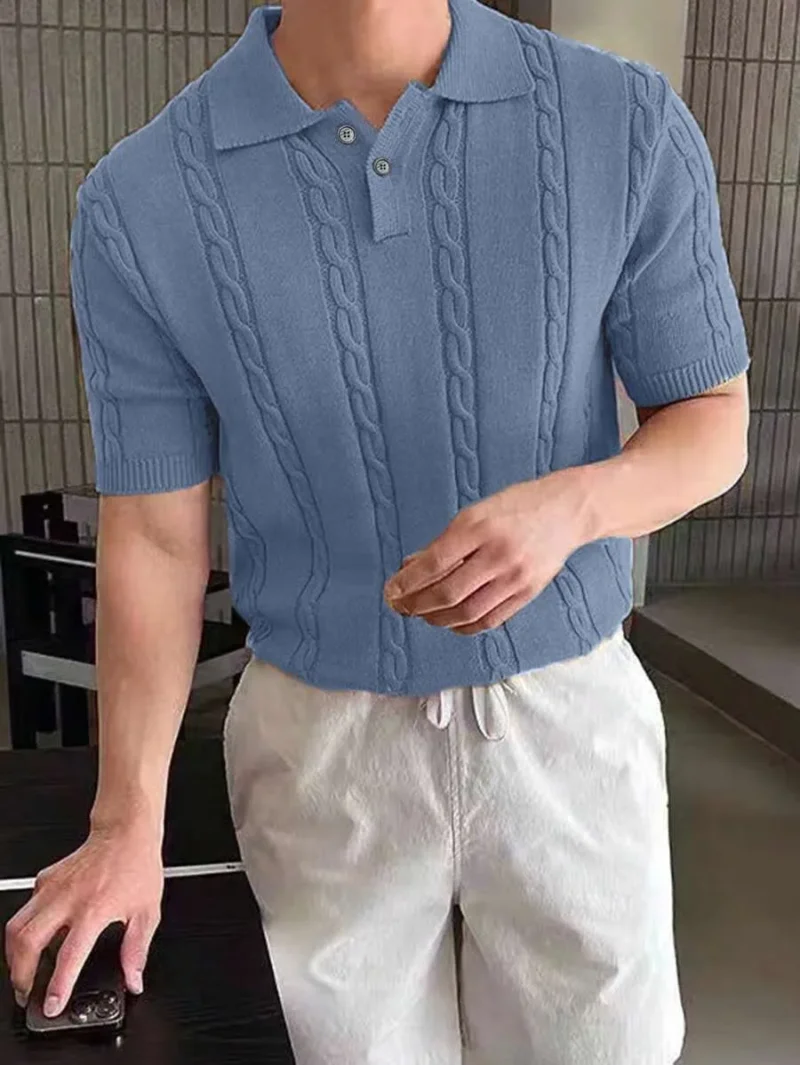 Solid Color Polo Shirt With Lapel Collar Knitted Top