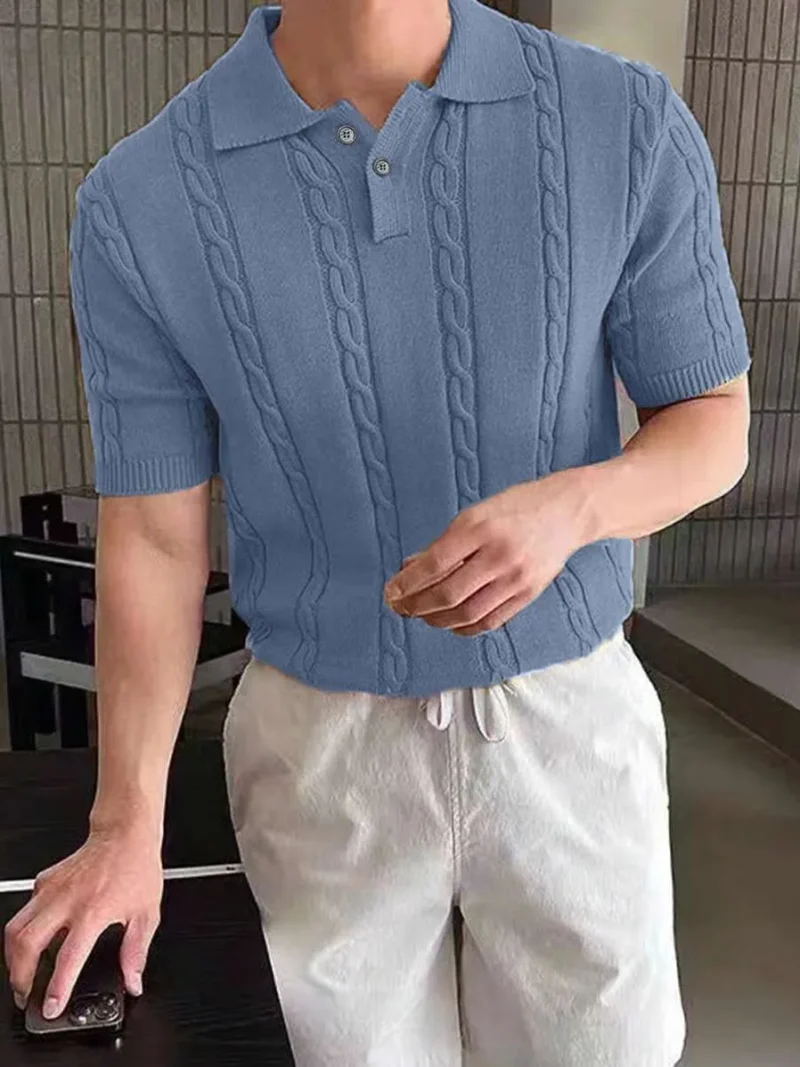 Solid Color Polo Shirt With Lapel Collar Knitted Top