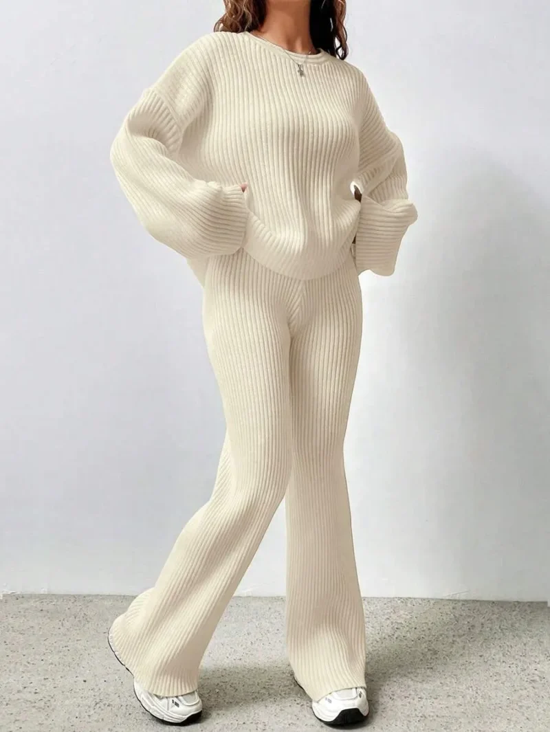 Dropped Shoulder Loose Ribbed Knit Sweater And Flared Knit Pants