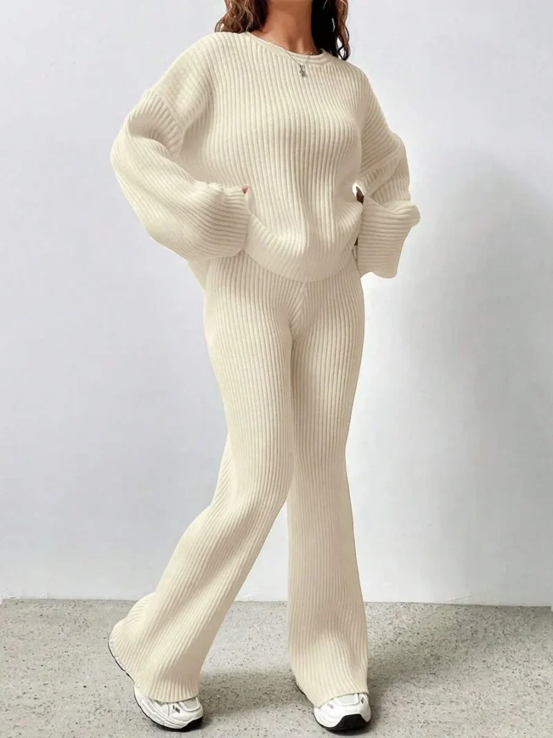 Dropped Shoulder Loose Ribbed Knit Sweater And Flared Knit Pants