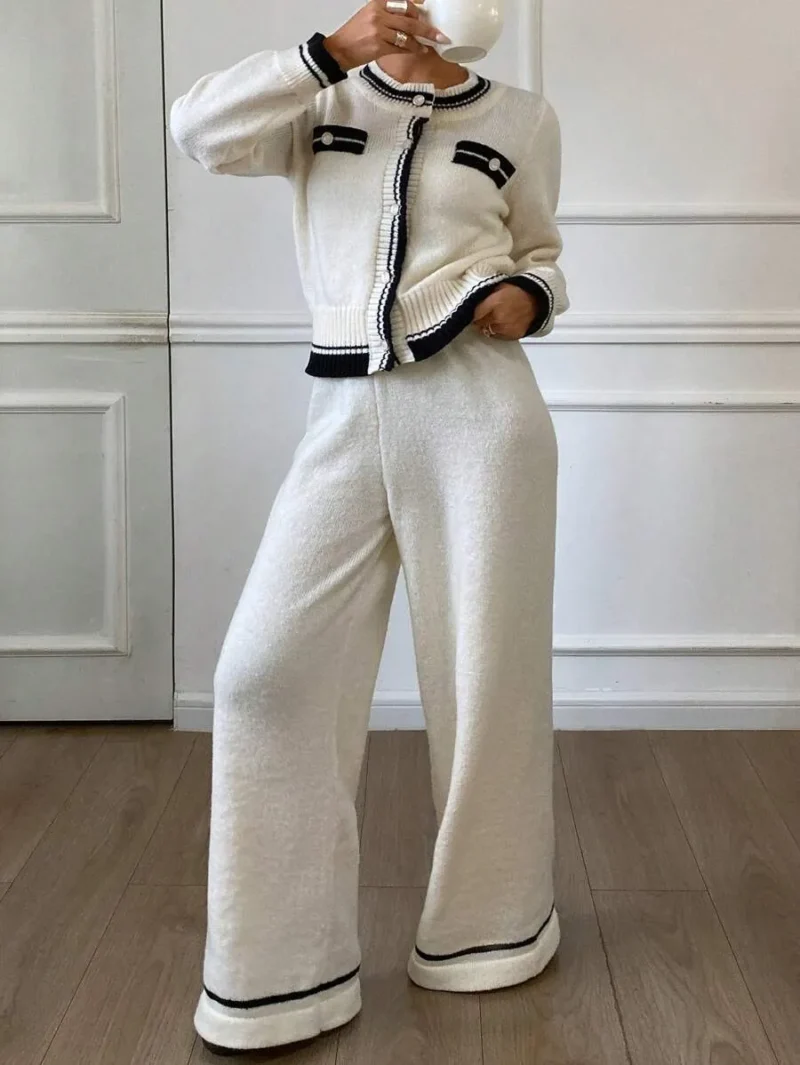 Knit Sweater Cardigan Set With Long Pants
