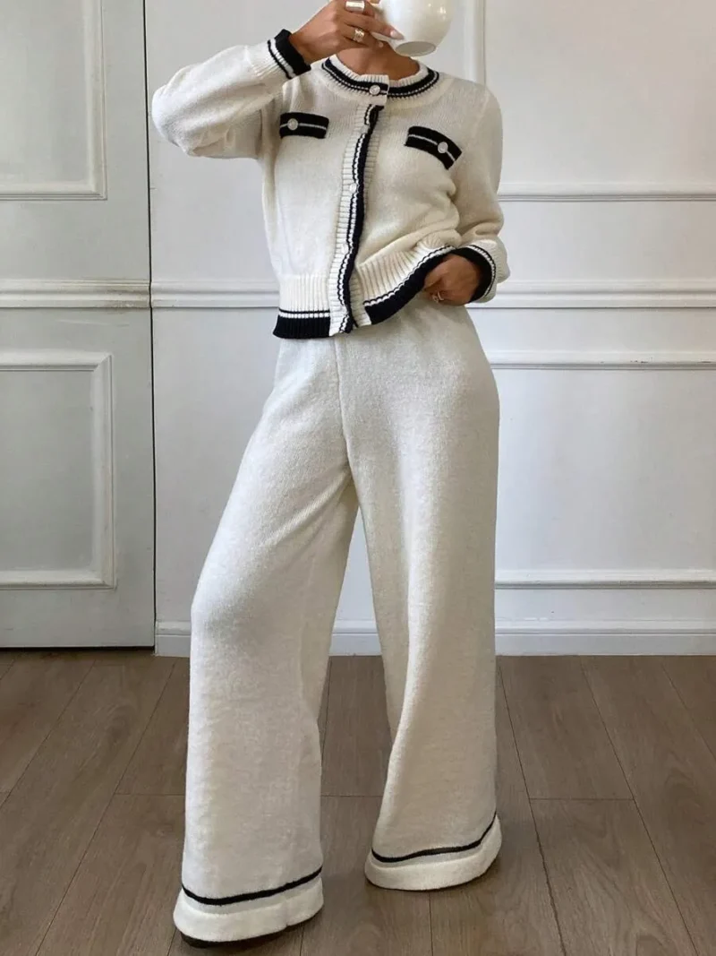 Knit Sweater Cardigan Set With Long Pants