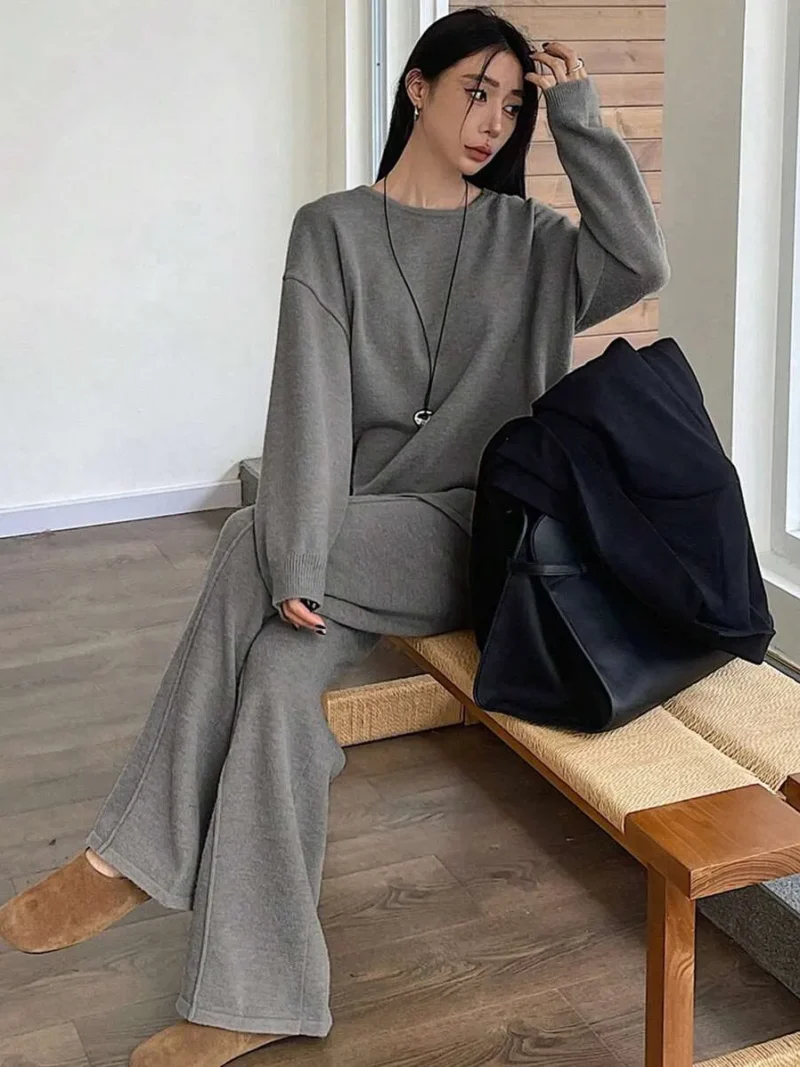 Solid Color Crew Neck Long Sleeve Top And Wide Leg Knit Pants