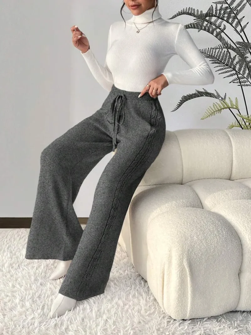 Solid Color Drawstring Knotted Elegant Commute Knit Top And Pant