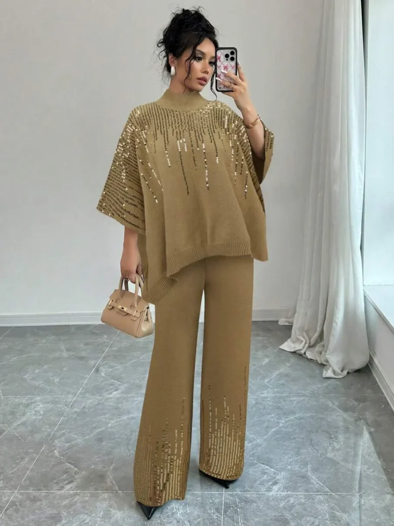 Solid Color Mock Neck Splice Sequin Batwing Sleeve Sweater & Knit Pants