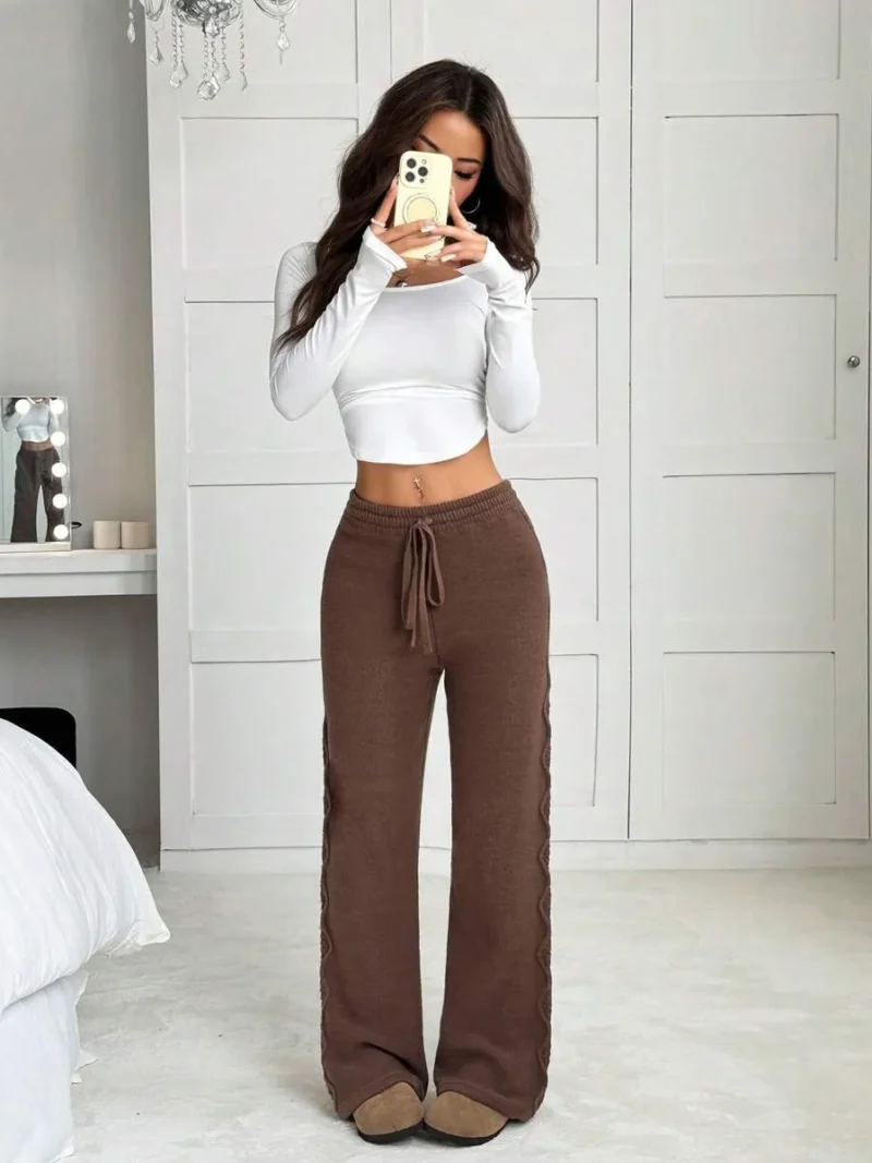 Solid Color Waist Tie Chunky Knit Sweater And Wide Leg Pants
