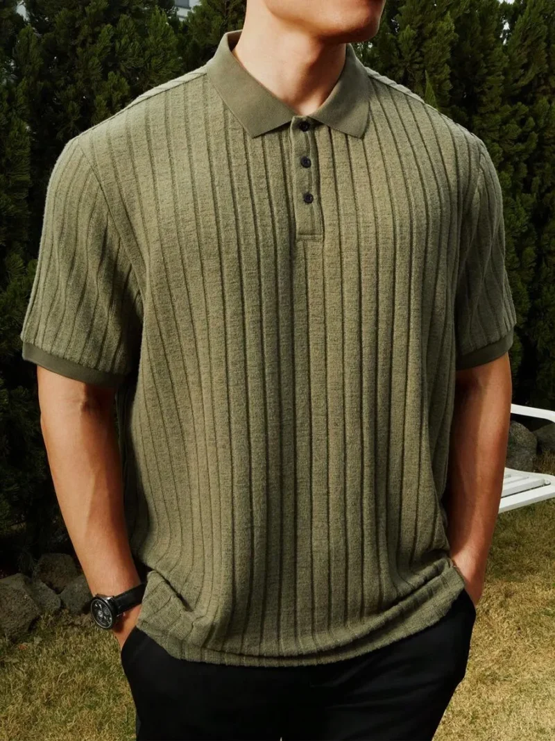 Solid Rib Knit Polo Shirt