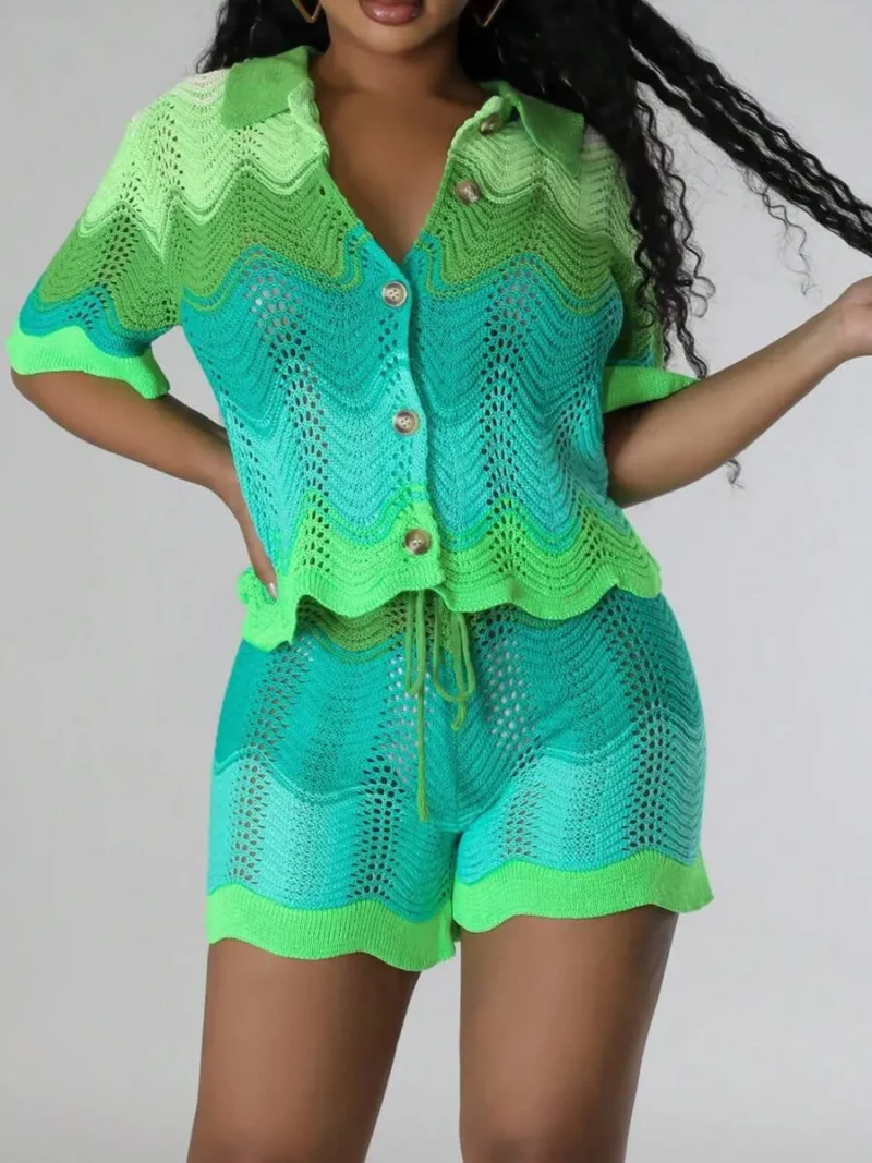 Color Block Crochet Short Sleeve Knit Top And Shorts