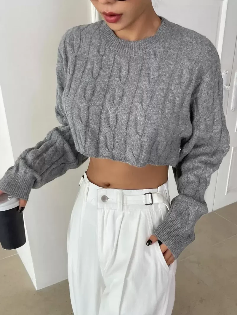Cable Knit Drop Shoulder Crop Sweater