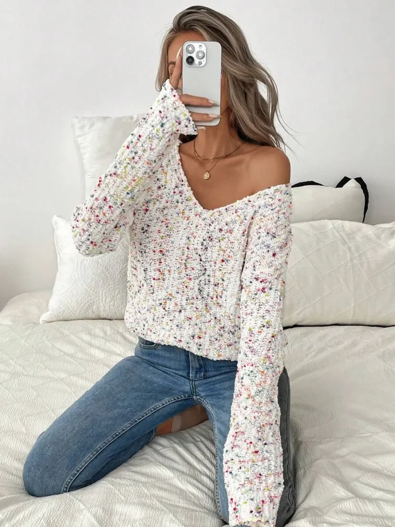 V Neck Colorful Pom Pom Textured Knit