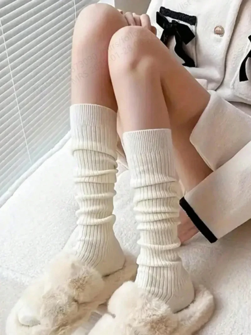 Knitted Socks Solid Color Vertical Bar Warm Knee