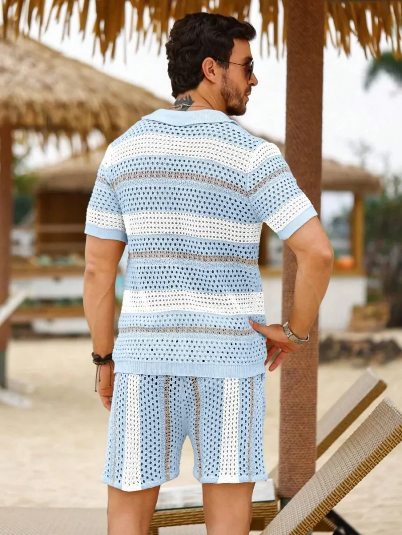 Front Button Closure Short Sleeve Crochet Top And Knitted Shorts