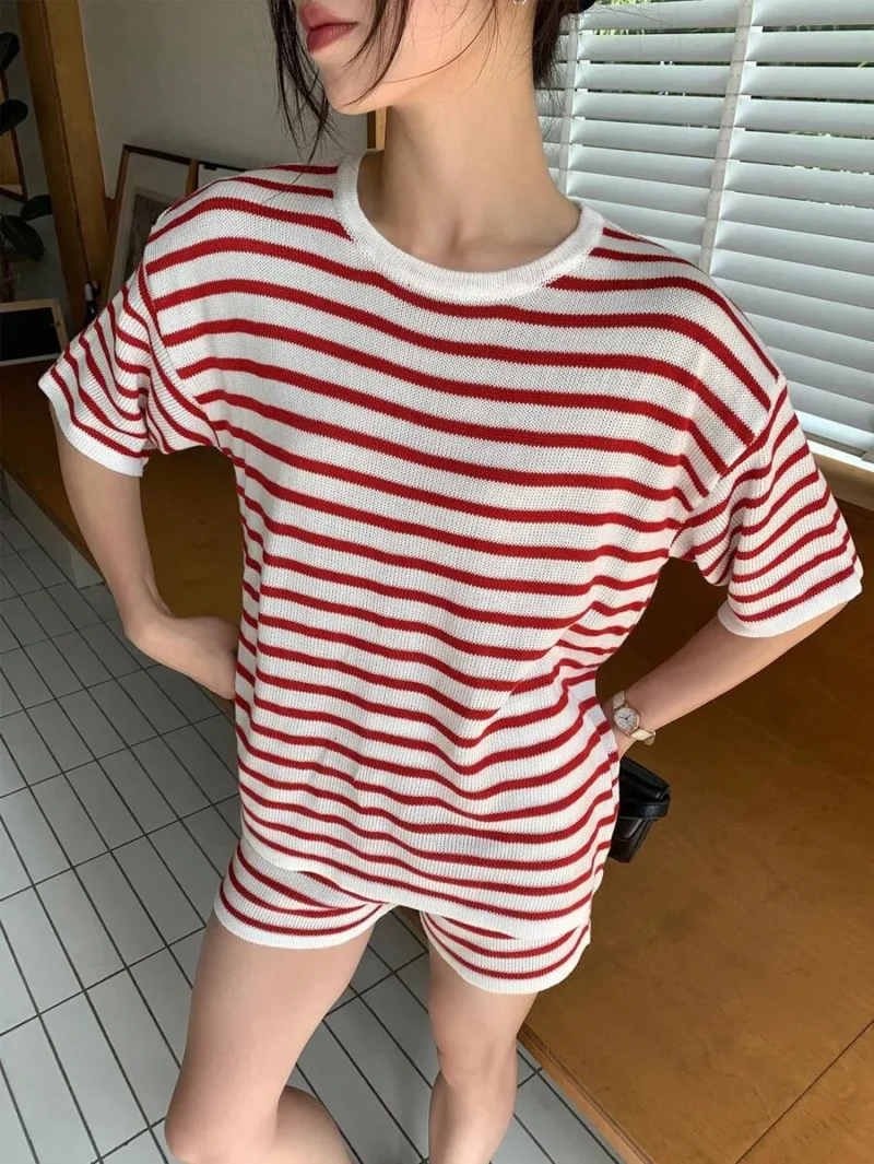 Striped Crew Neck Short Sleeve Knit Top And Knitted Shorts
