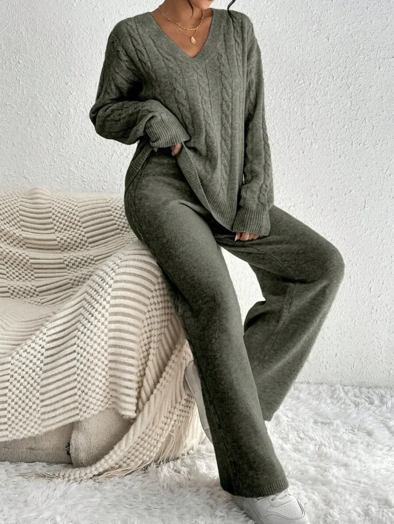 Casual Daily V Neck Cable Knit Sweater & Trousers