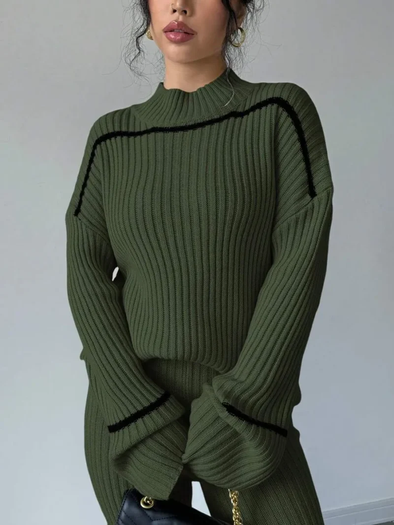 Contrast Trim Stand Collar Long Sleeve Top And Pants