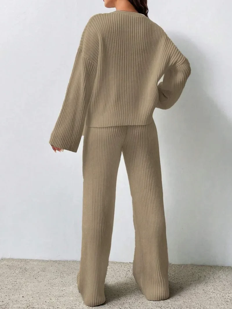 Crew Neck Drop Shoulder Sweater And Flared Knit Pants